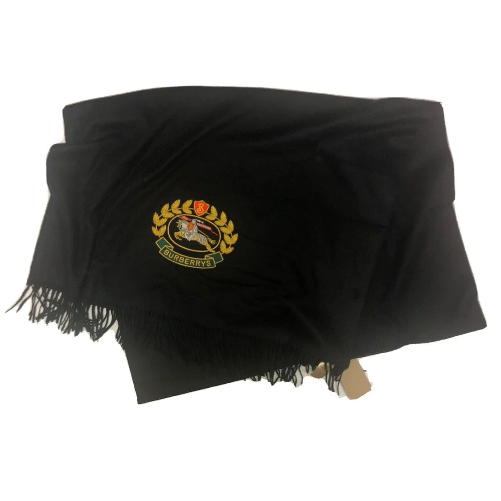 Burberry Stole Scarf‎ Wrap Black Embroidered Crest 100% Cashmere Scotland NEW - Picture 4 of 11